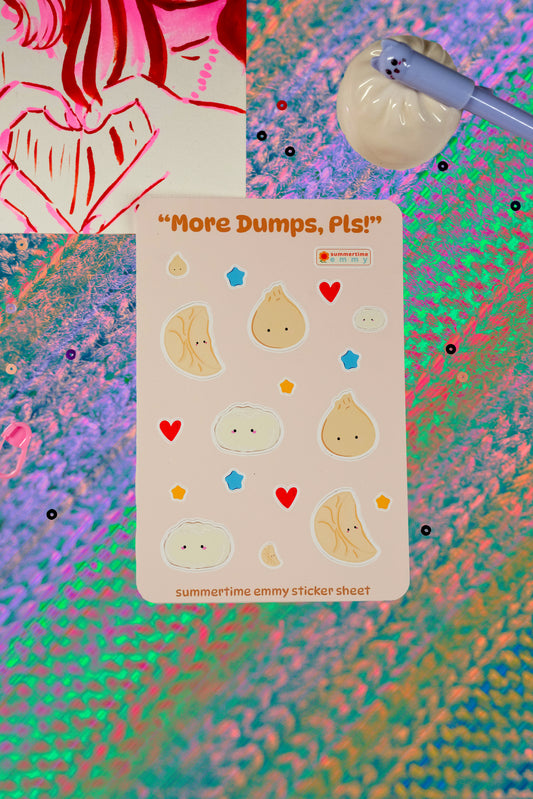 "More Dumps, pls!" sticker sheet displayed with sequins