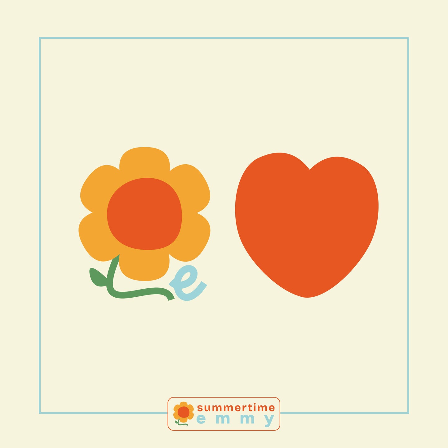 Illustrated Summertime Emmy Yellow flower with orange center with an orange heart and Summertime Emmy Logo framed by a blue square