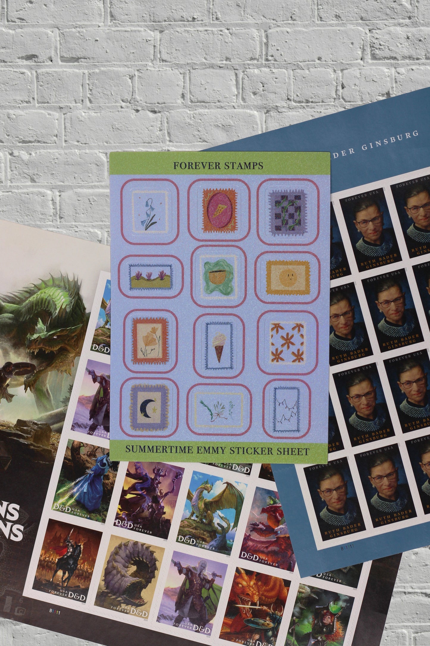 "Forever Stamps" sticker sheet with D&D 50th anniversary stamps and Ruth Bader Ginsburg stamps