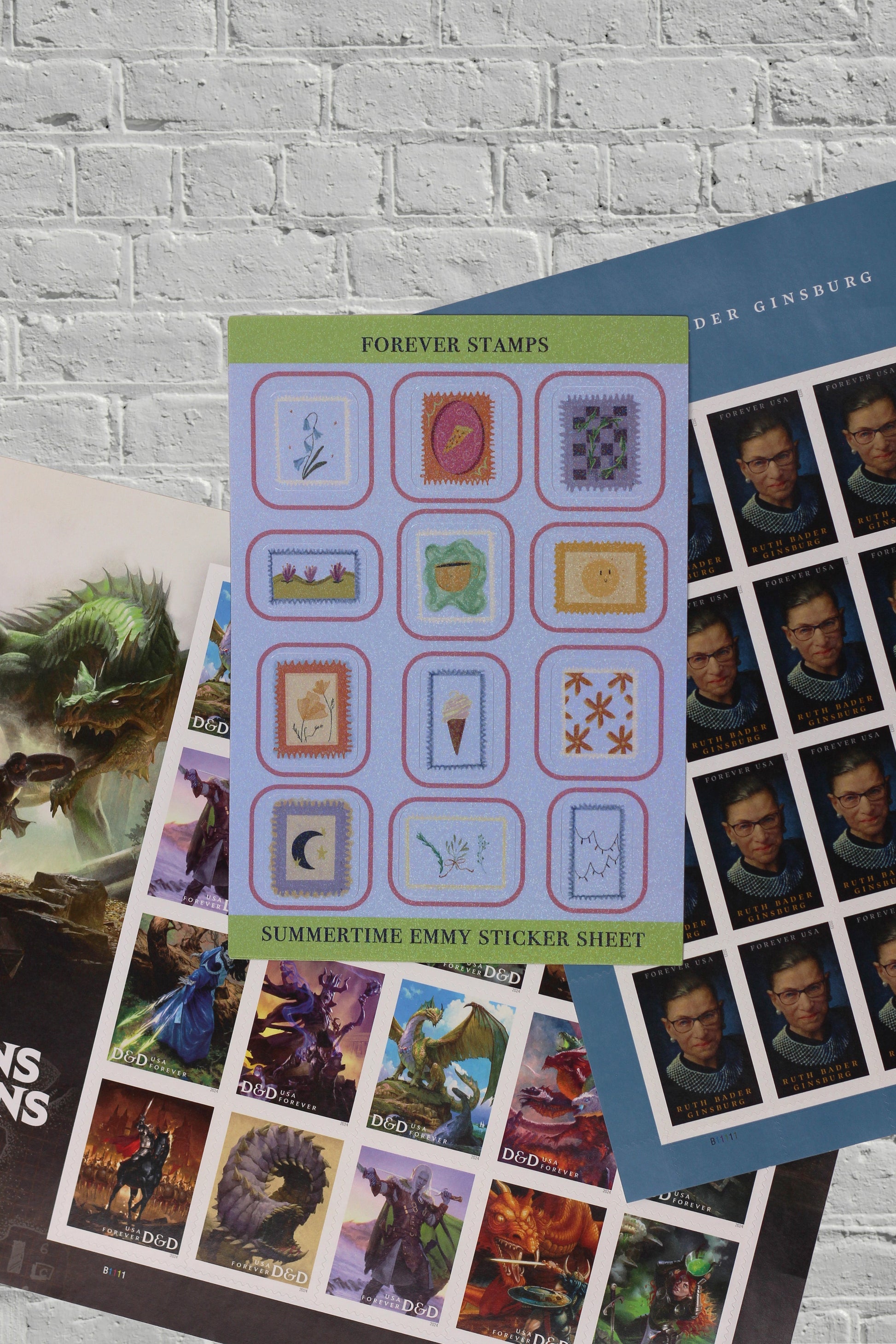 "Forever Stamps" sticker sheet with D&D 50th anniversary stamps and Ruth Bader Ginsburg stamps