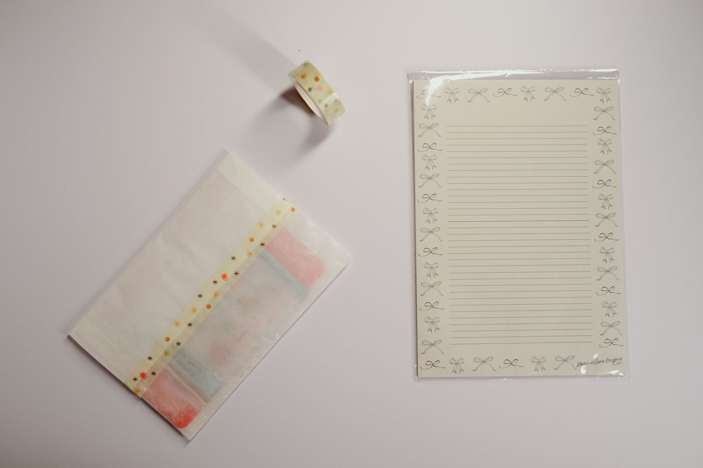 Washi tape and Bow stationary sheets with white envelope