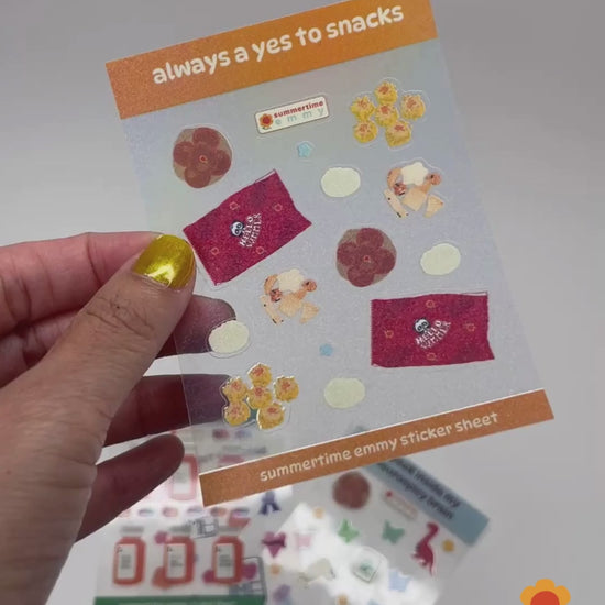 mini sticker clear holographic sheet: "always a yes to snacks"