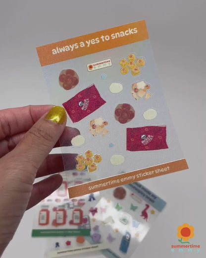 mini sticker clear holographic sheet: "always a yes to snacks"